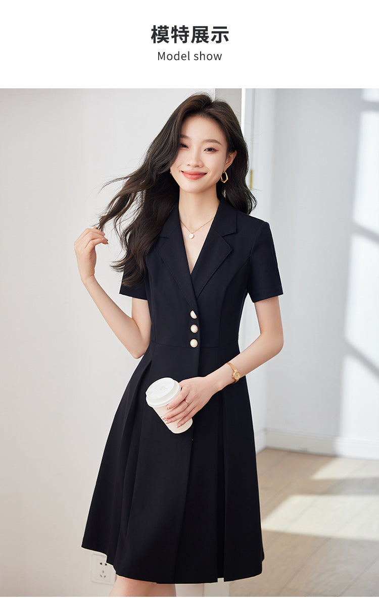 [Elegant Long Skirt] V-neck Short-sleeved dress High-end Work Clothes Mid-length Skirt Spring and Summer Business Wear Uniform
