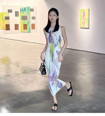 In Stock Miyake Dress Printed Elegant Elegant High-End Loose Slimming Look Elegant Round Neck Sleeveless Pleated Skirt