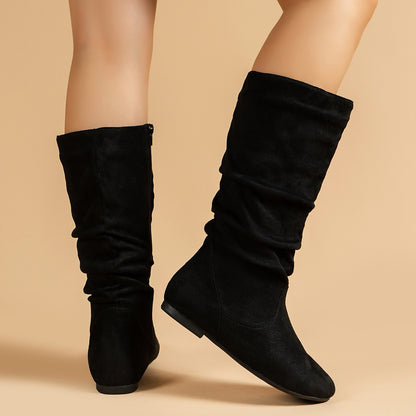 Free Shipping Cross-Border Pleated Fashion Boots with Inner Zipper, Flat Comfortable Women's Boots, Versatile European and American Style Flat Mid-Calf Boots