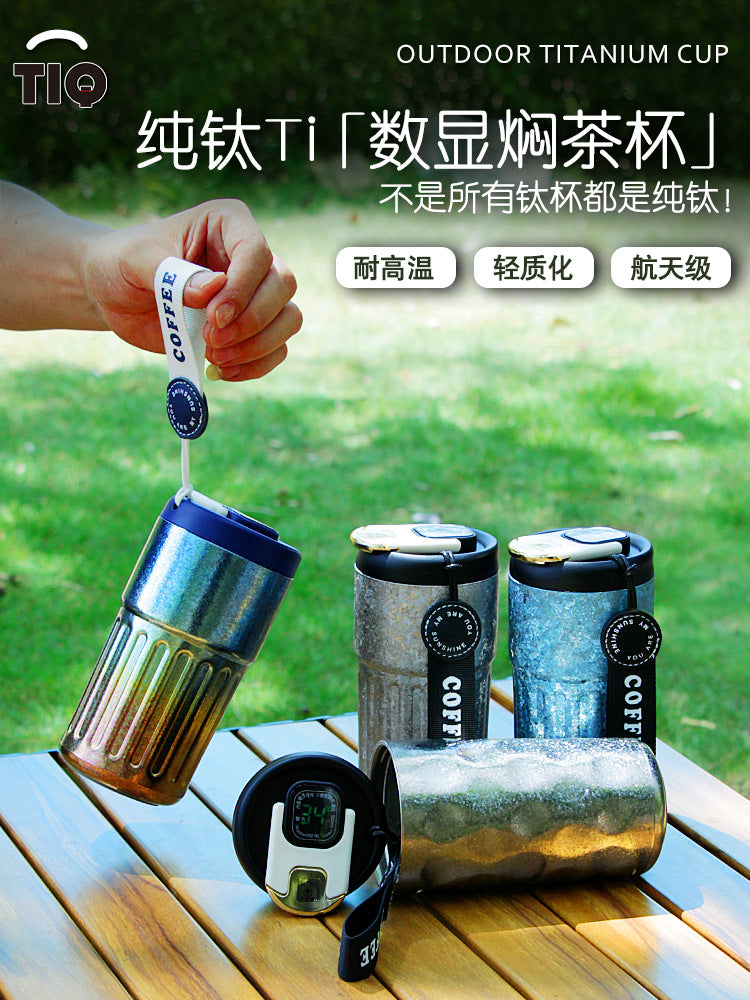 Pure Titanium Insulated Cup with Strap, Coffee Cup, Car-Mounted One-Handed Opening Lid, Antibacterial and Fresh-Keeping Titanium Cup, Fully Titanium Car-Mounted Portable
