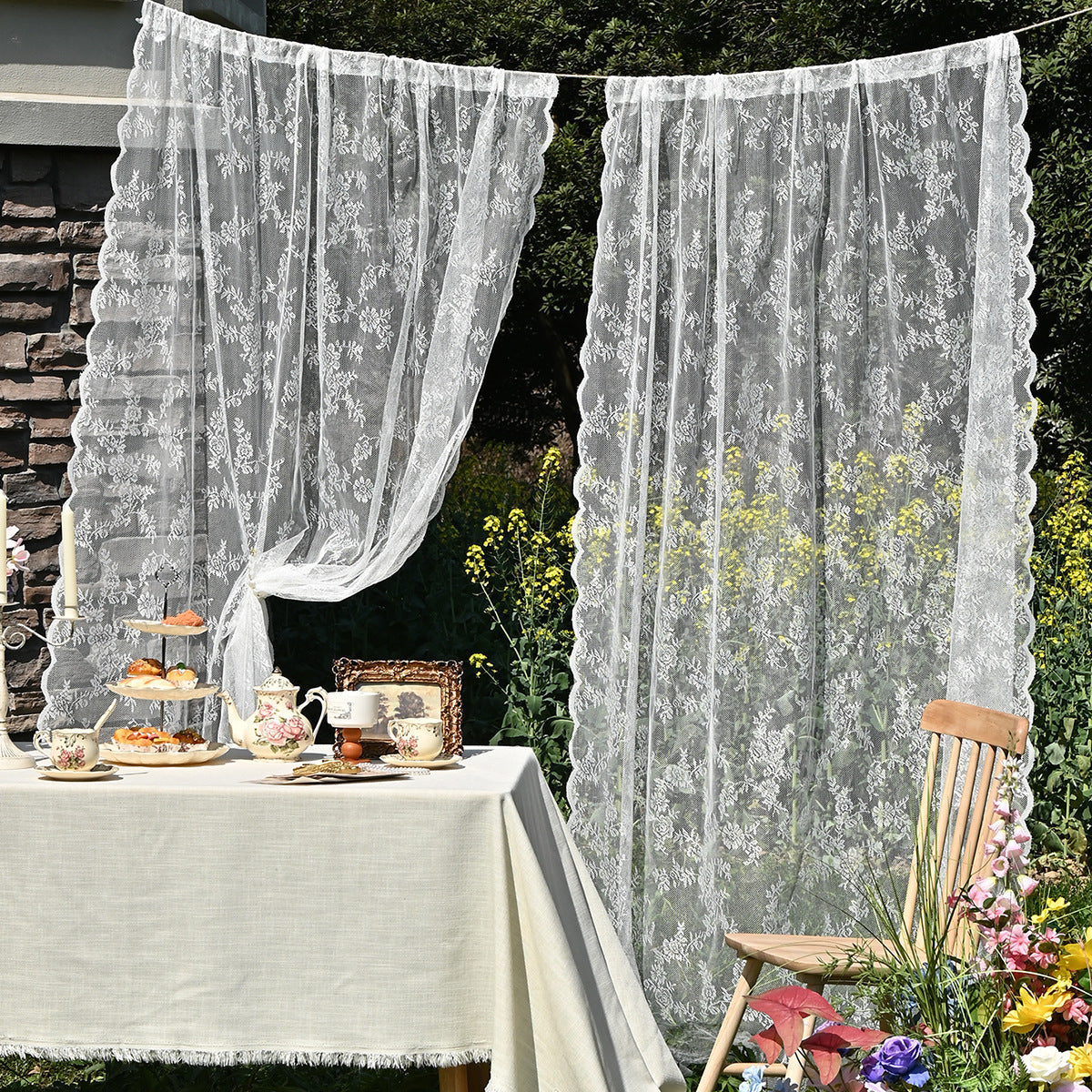 Cross-border Amazon European and American Home Lace Curtain Pastoral White German Curtain Bedroom Living Room Semi-shading Finished Curtain