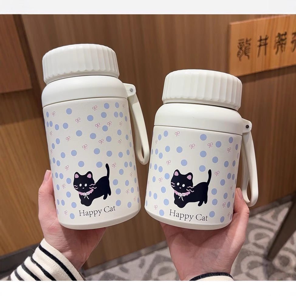 Cartoon cute high-value large-capacity new thermos stainless steel outdoor sports portable rope coffee cup