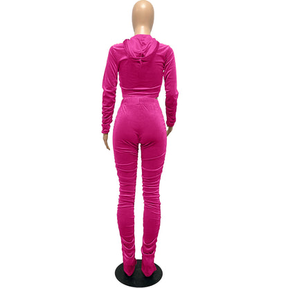 F185 European and American Women's Clothing Amazon Spring Two-piece Korean Velvet Solid Color Long Sleeve Navel Pleated Sports Suit
