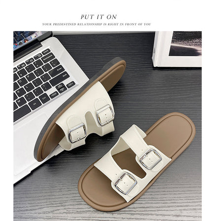 Cross-Border Slippers for Women Summer Flat-Soled Double-Strap Double-Buckle Slippers Southeast Asia New Foreign Trade Fashion Outer Wear Beach Sandals