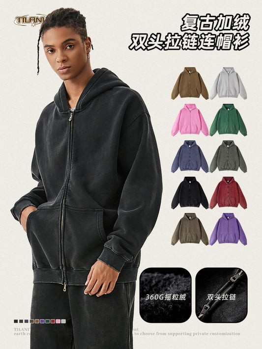 TILANI men's sweater cardigan fleece-lined thickened zipper coat 360g washed vintage waxed casual hoodie by PDG ibma