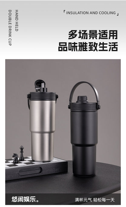 Cross-border high-value 316 stainless steel thermos cup large-capacity double-drink ceramic liner car cup portable handle cup