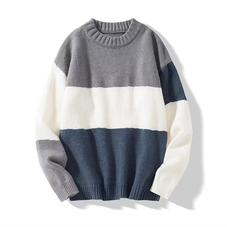 2023 autumn and winter new men's striped sweater men's casual trendy bottoming shirt color matching pullover trendy brand sweater men