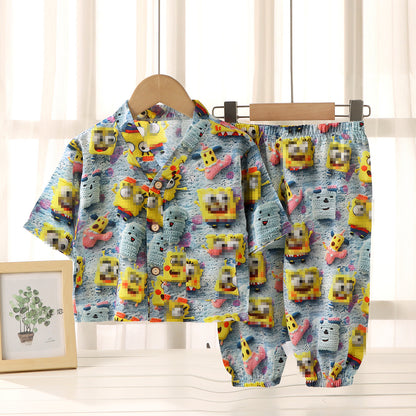 Children's Home Clothes Cotton Silk Suit Summer Boys and Girls Pajamas Artificial Cotton Two-Piece Set Cotton Silk Air-Conditioned Clothes Kidsren's Clothing