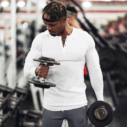Muscle Fitness Men's Spring and Autumn Sports Leisure Running Breathable Sweat Absorbing Stretch Long Sleeve Button V Henry T-Shirt