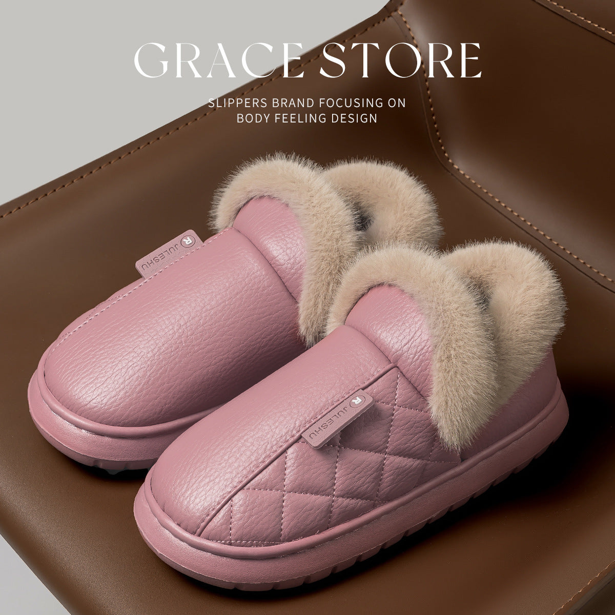 Waterproof Cotton Slippers for Women, Autumn and Winter 2026 New Model, Home Warm Indoor Shoes with Thick Soles, Non-Slip Leather Surface Cotton Shoes for Elderly Men