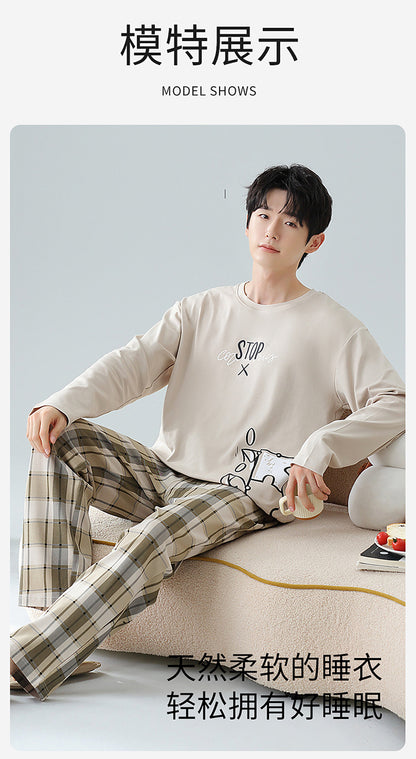 Plus Size 5XL 100% Cotton Men's Long-Sleeved Pajamas Spring & Fall Long-Sleeved 105kg Can Be Worn Outside Home Clothes Set