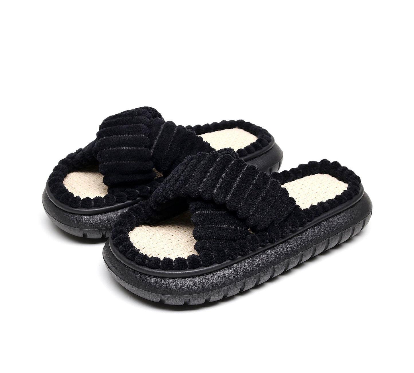Cross-Border 2023 New Style Home Linen Slippers with a Stepping-On-Clouds Feel, Simple and Casual, Comfortable Lace Suede Women's Plush Slippers