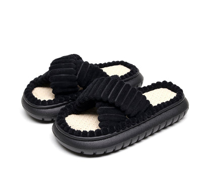 Cross-Border 2023 New Style Home Linen Slippers with a Stepping-On-Clouds Feel, Simple and Casual, Comfortable Lace Suede Women's Plush Slippers