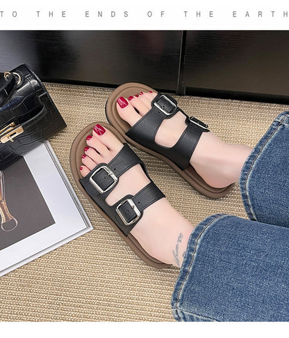Cross-Border Slippers for Women Summer Flat-Soled Double-Strap Double-Buckle Slippers Southeast Asia New Foreign Trade Fashion Outer Wear Beach Sandals
