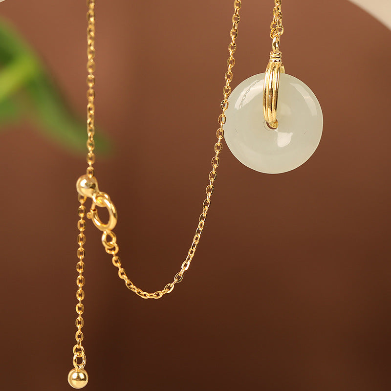 S925 Sterling Silver Clavicle Necklace Women's New Chinoiserie Natural Hetian Jade Safety Buckle Pendant Retro Accessible Luxury Simple Accessories