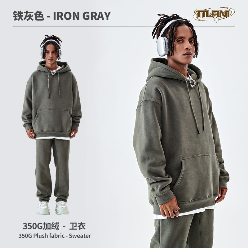 Tilani Men's Clothing European and American Trendy Brand High Quality 350g Fleece-Lined Thick Men's and Women's Hooded Sweatshirt and Sweatpants Pure Color Suit