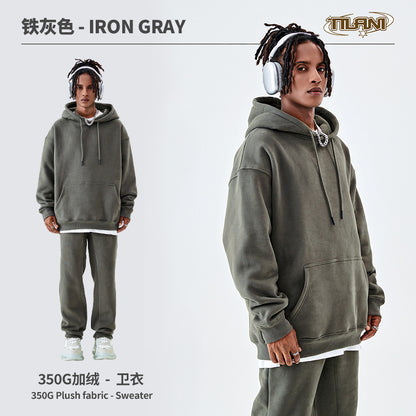 Tilani Men's Clothing European and American Trendy Brand High Quality 350g Fleece-Lined Thick Men's and Women's Hooded Sweatshirt and Sweatpants Pure Color Suit