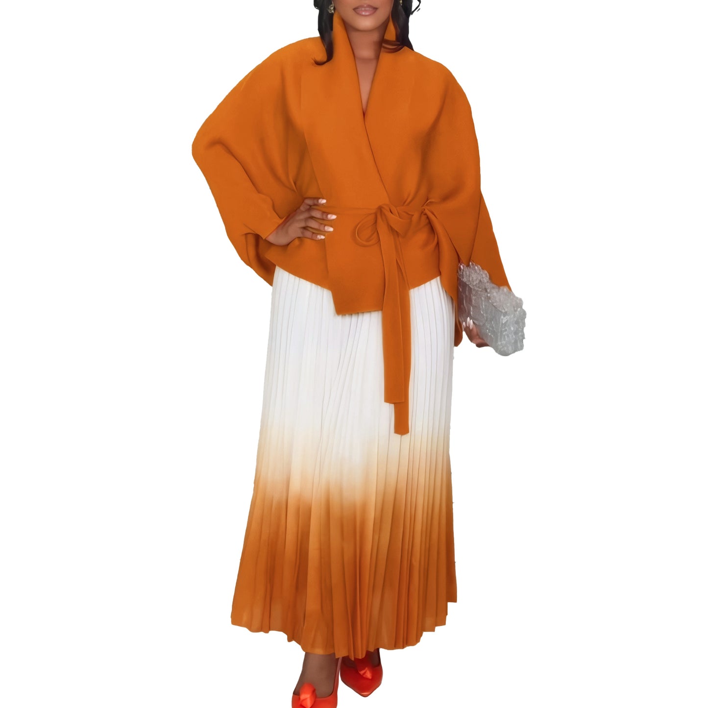 C8610 African plus size Women's Spring New Fashion Strap Bat Sleeve Top Gradient Color-changing Skirt Two-piece Set