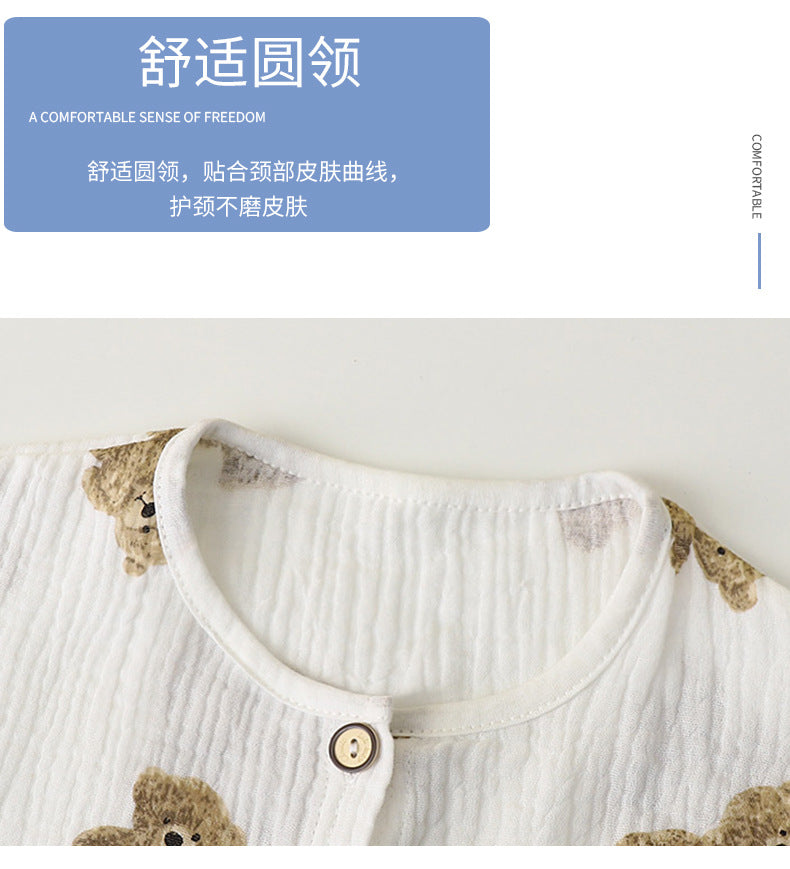 Children's Thin Double-Layer Gauze Pajamas Two-Piece Set Summer Girls Home Clothes Baby Boy Long-Sleeved Bloomers Set
