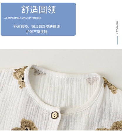 Children's Thin Double-Layer Gauze Pajamas Two-Piece Set Summer Girls Home Clothes Baby Boy Long-Sleeved Bloomers Set