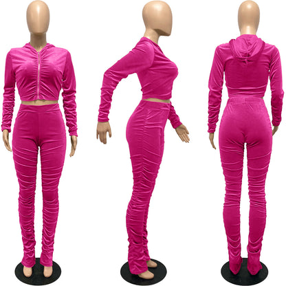F185 European and American Women's Clothing Amazon Spring Two-piece Korean Velvet Solid Color Long Sleeve Navel Pleated Sports Suit