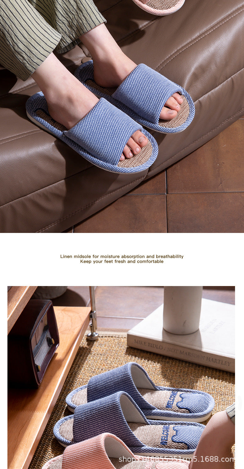 Linen Slippers Men's Breathable Indoor Home Non-slip Soft Bottom Mute Sweat Absorbing Spring and Autumn Four Seasons Foot Bear Floor Slippers