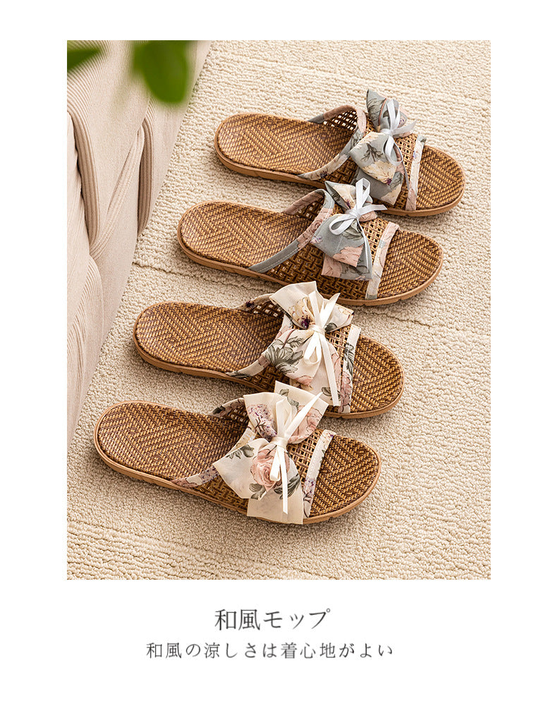 New Summer Rattan Mat Home Mat Slippers Bow Home Indoor Cool Bamboo Fish Mouth Toe Shoes Non-Slip