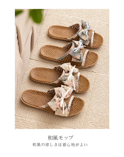 New Summer Rattan Mat Home Mat Slippers Bow Home Indoor Cool Bamboo Fish Mouth Toe Shoes Non-Slip