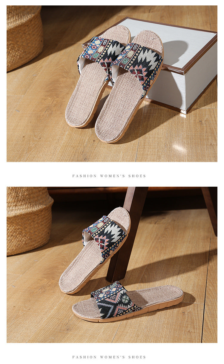 Four Seasons Home Linen Slippers Fashion Printed Thick Sole Non-Slip Sweat-Absorbent Wear-Resistant Large Sole Couple Linen Slippers Ethnic Style