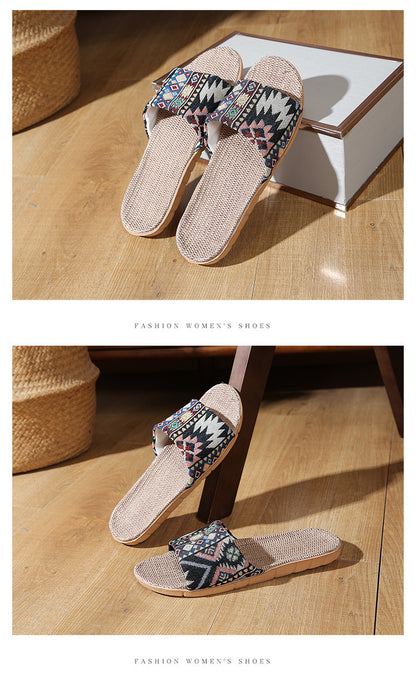 Four Seasons Home Linen Slippers Fashion Printed Thick Sole Non-Slip Sweat-Absorbent Wear-Resistant Large Sole Couple Linen Slippers Ethnic Style