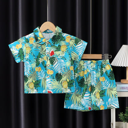 2026 New Children's Short-Sleeved Suit, Men's Short-Sleeved Shirt Suit, Short-Sleeved Shorts Beach Two-Piece Set
