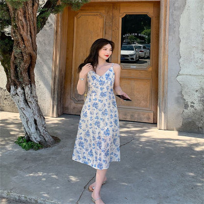 2025 Summer Women's Floral Dress Short Tall French Style V-Neck Strap Casual Dress