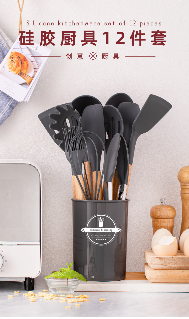 Wholesale Wooden Handle Silicone Kitchenware 12 Pieces suit Household Non-Stick Cooking High Temperature Resistant Cooking Silicone Spoon suit