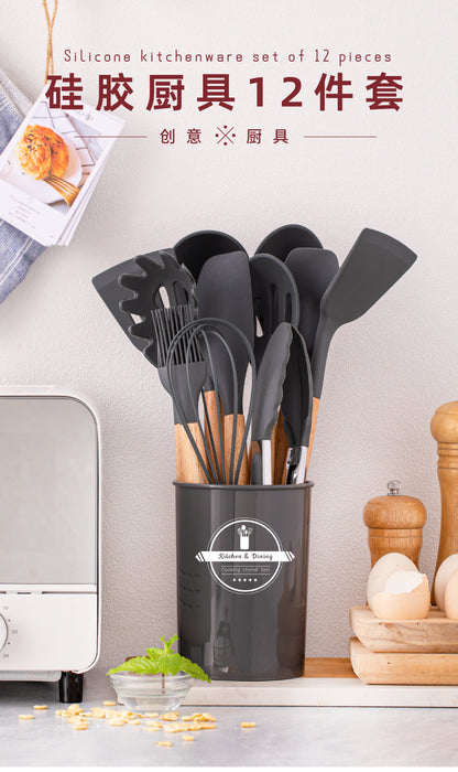Wholesale Wooden Handle Silicone Kitchenware 12 Pieces suit Household Non-Stick Cooking High Temperature Resistant Cooking Silicone Spoon suit