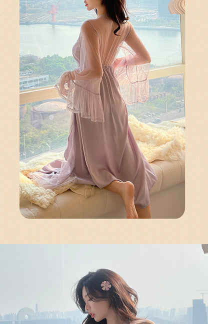 Sexy Pajamas Women's dress Ice Silk French Court with Chest Pad Pure Desire Fairy Nightdress 2025 New Summer