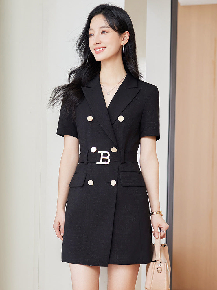 French Hepburn Style Small Black Dress High Sense High Cold Royal Sister Fried Street Small Fragrance Style Pleated Professional Suit dress Summer