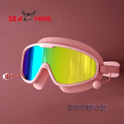 Swimming Goggles Waterproof and Anti-Fog Flat Large Frame Swimming Goggles Electroplated High-Definition Swimming Goggles for Adults and Children with Earplugs Wholesale