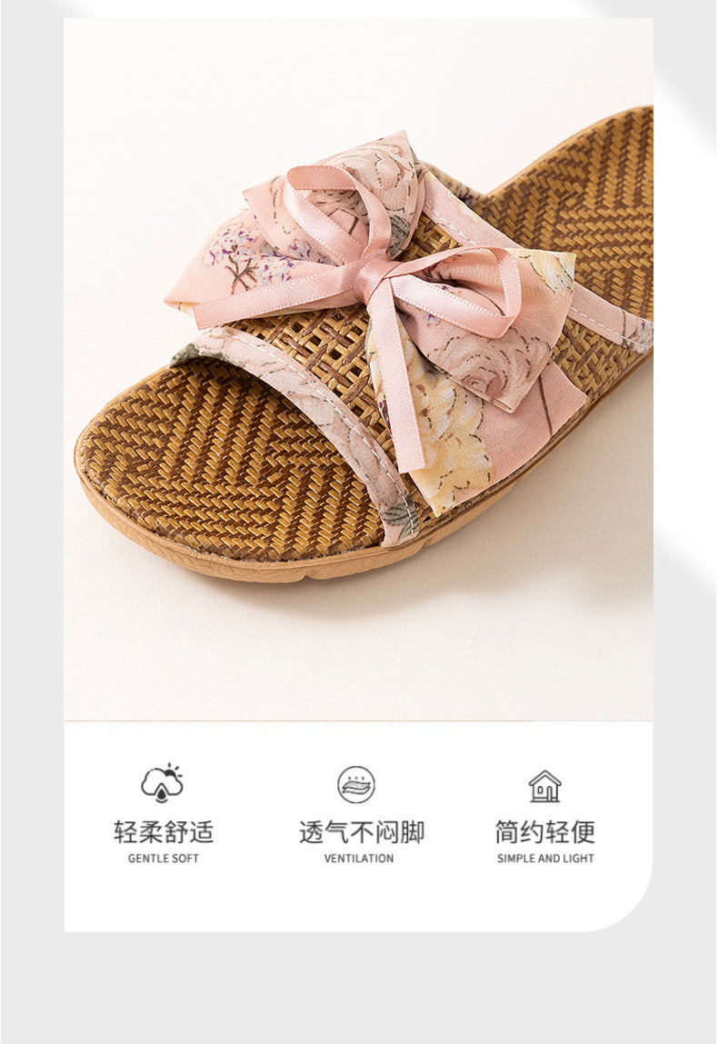 New Summer Rattan Mat Home Mat Slippers Bow Home Indoor Cool Bamboo Fish Mouth Toe Shoes Non-Slip
