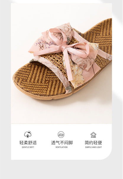 New Summer Rattan Mat Home Mat Slippers Bow Home Indoor Cool Bamboo Fish Mouth Toe Shoes Non-Slip
