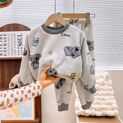 Men's and Women's Flannel Pajamas suit Autumn and Winter Middle and Big Children's Warm fleece-lined Thickened Autumn Clothes and Pants Home Clothes