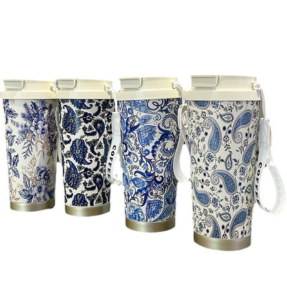 Factory Blue and White Porcelain Stainless Steel Overlord Tea Queen Flower Language Series Coffee Cup Portable Double Drinking Cup with Good Appearance