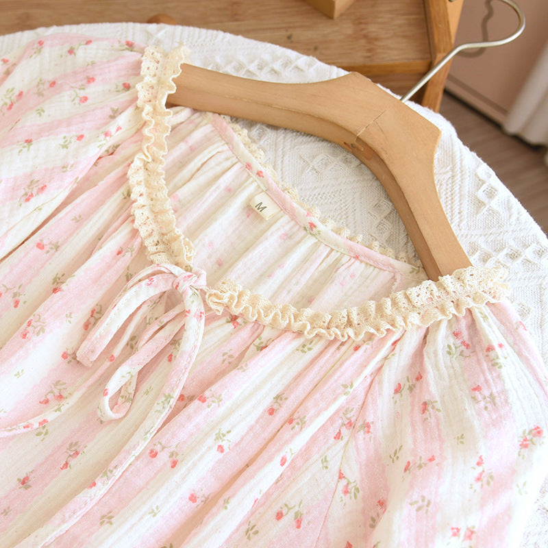 Spring and Summer Long Sleeve Round Neck Lace Sweet Long Dress Women's Thin Cotton Loose Outer Wear Small Floral Home Dress