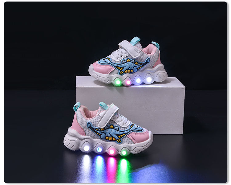 Spring New Style Dinosaur Led Light Sneakers for Boys and Girls Spring & Fall New Mesh Breathable Casual Light Shoes for Children and Middle-Aged Children
