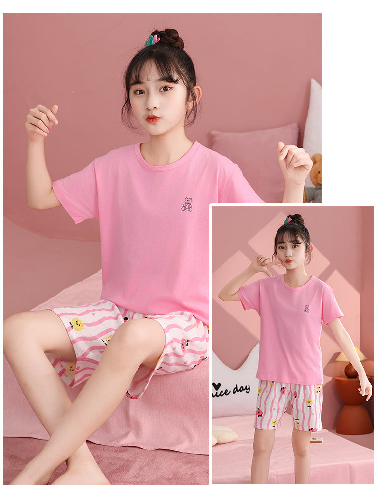 Children's Pajamas, Pure Cotton, Summer Short-Sleeved Shorts Set for Boys, Home Clothes for Girls, Air-Conditioned Clothes for Middle-Aged and Older Boys