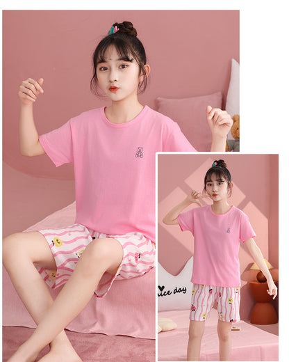 Children's Pajamas, Pure Cotton, Summer Short-Sleeved Shorts Set for Boys, Home Clothes for Girls, Air-Conditioned Clothes for Middle-Aged and Older Boys
