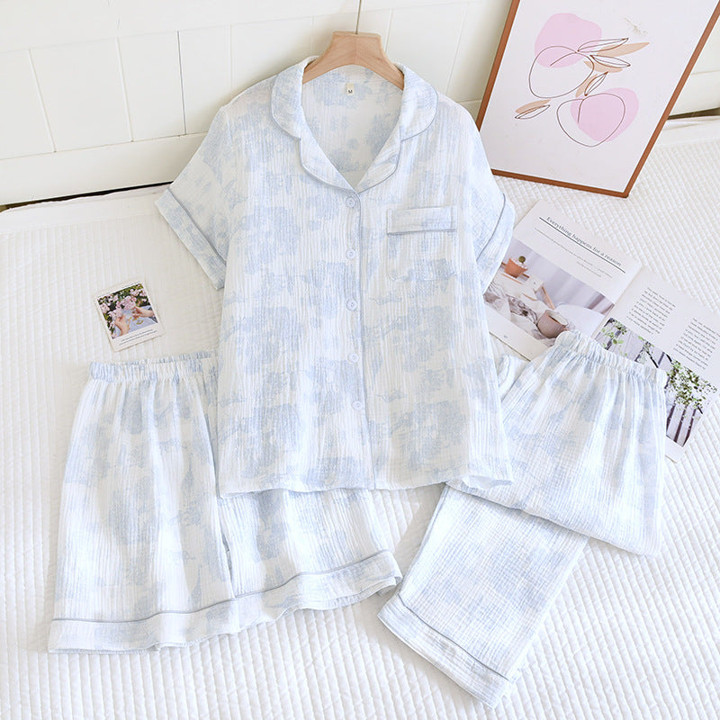 Various Style Spring and Summer Cotton Crepe Pajamas Sweet Three-Piece Short-Sleeved Trousers Spring and Autumn Loose Casual suit