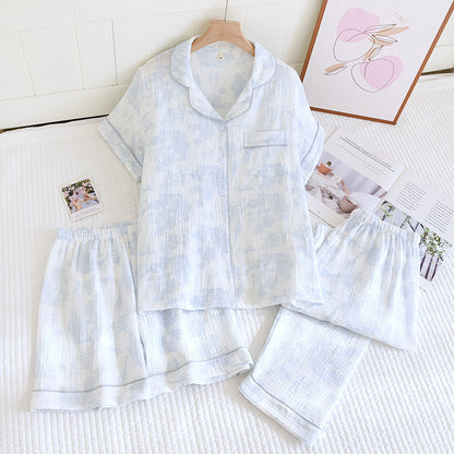 Various Style Spring and Summer Cotton Crepe Pajamas Sweet Three-Piece Short-Sleeved Trousers Spring and Autumn Loose Casual suit
