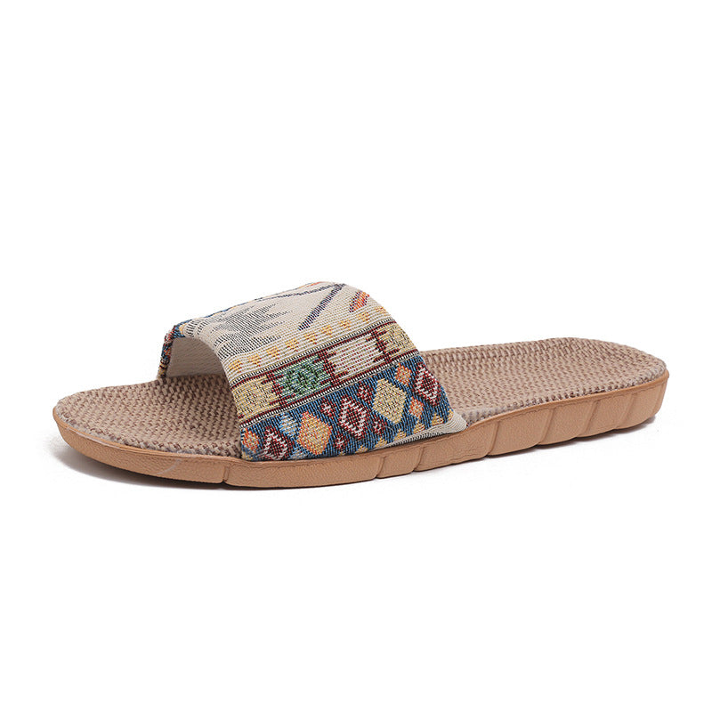 Four Seasons Home Linen Slippers Fashion Printed Thick Sole Non-Slip Sweat-Absorbent Wear-Resistant Large Sole Couple Linen Slippers Ethnic Style