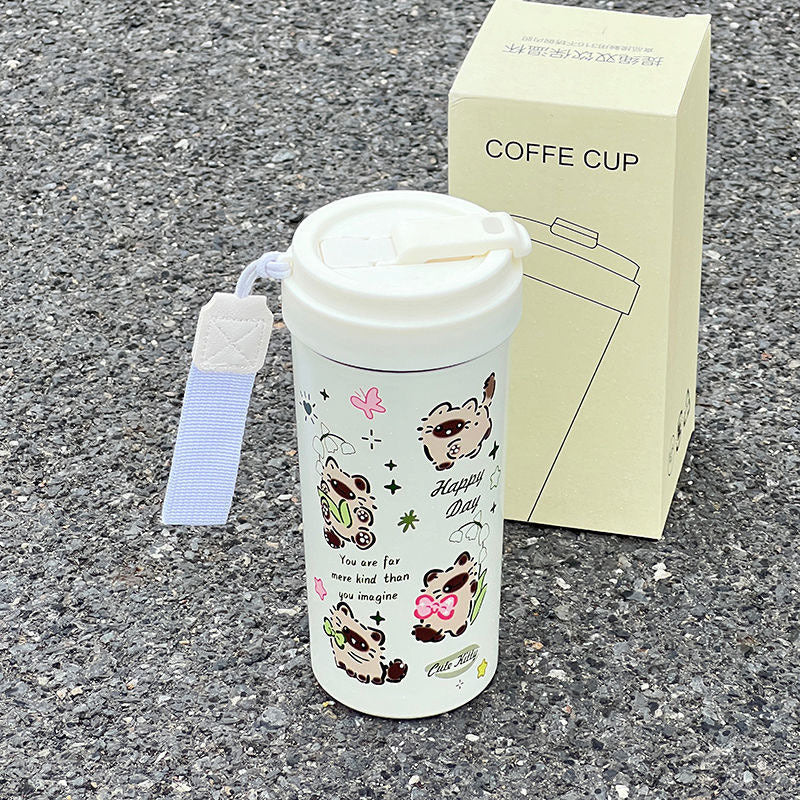 New cute thermos cup 316 stainless steel coffee cup portable double drink portable men's and women's straw accompanying cup