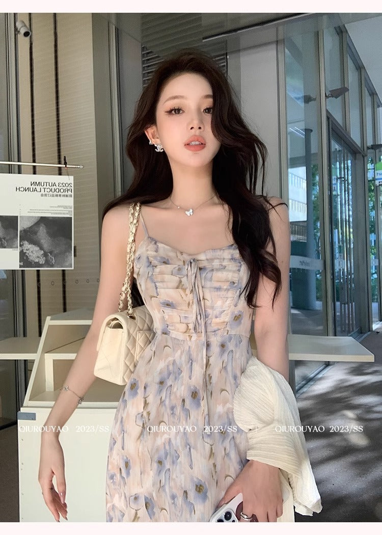 French Style Waisted Gentle Floral dress Women's Seaside Beach Vacation Fairy dress Elegant Pure Slip Dress